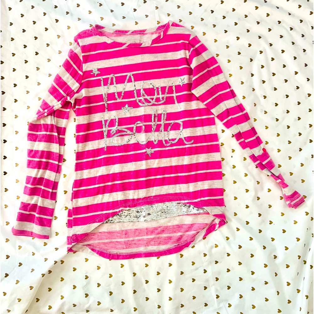 Poof! Girls XL Long sleeve shirt, pink and gray, great condition